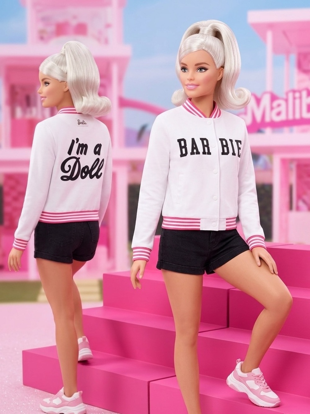 Barbie White Varsity Jacket with Pink Trim and Black Lettering - Picture 2 of 12